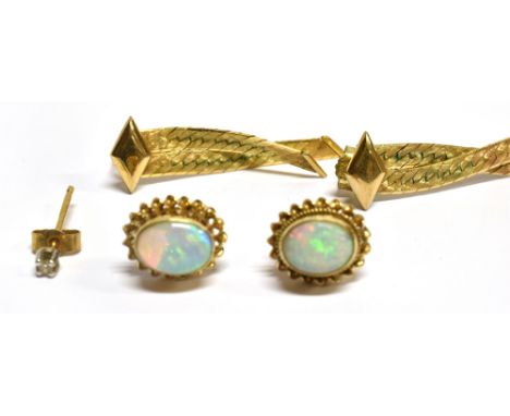 TWO PAIRS OF 9 CARAT GOLD EARRINGS  comprising a pair of single stone opal studs and a pair of tassel drop earrings, total gr