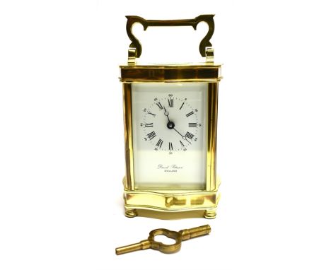 A FRENCH LACQUERED BRASS 8-DAY CARRIAGE CLOCK  the enamel dial with Roman and Arabic numerals, signed 'David Peterson ENGLAND