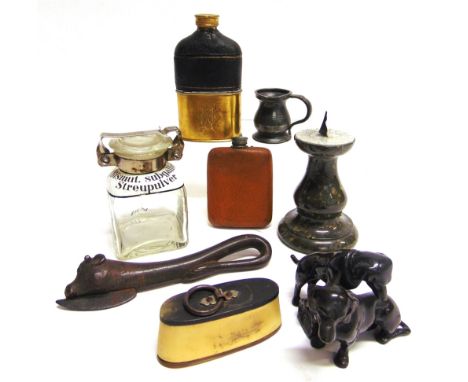 ASSORTED COLLECTABLES  comprising a horn snuff box, 8.5cm long; two hip flasks, the largest 12.5cm high; a serpentine sundial