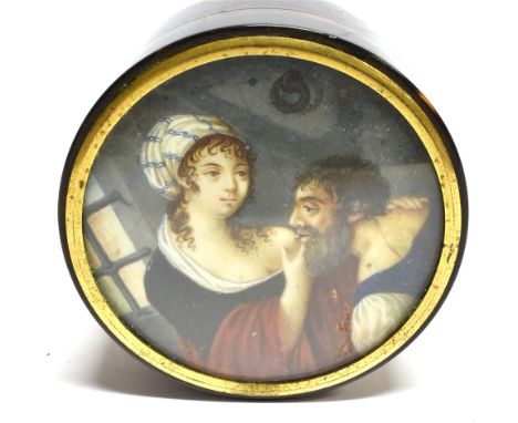 A 19TH CENTURY CONTINENTAL TORTOISESHELL SNUFF BOX  of circular form, the pull-off cover inset with a painted erotic scene, p