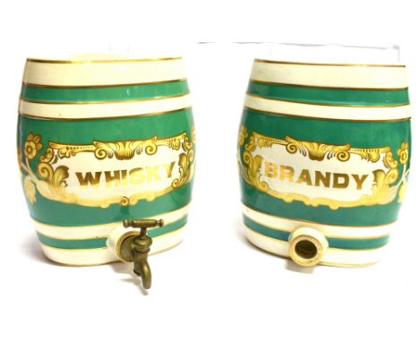 A PAIR 0F 19TH CENTURY CERAMIC FLASKS FOR 'BRANDY' AND 'SHERRY'  28cm high