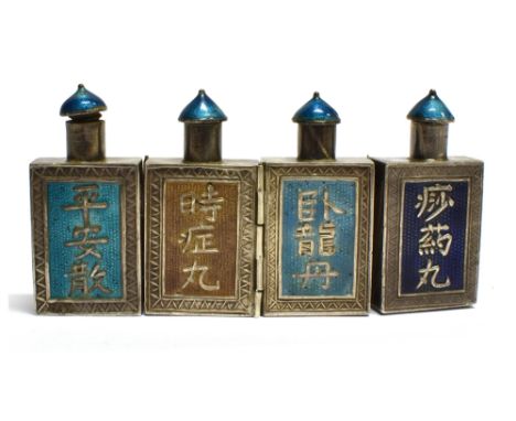 A CHINESE WHITE METAL AND ENAMEL FOUR SECTION ARTICULATED SNUFF BOTTLE  8cm wide overall, 4cm high