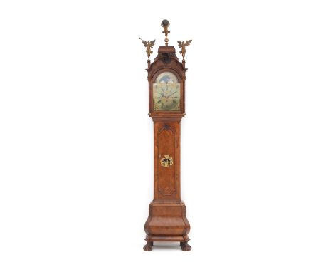 A Louis XV longcase clock, de trunk burr walnut veneered, Dutch, ca. 1750. The dialface with month-, day- and date indication