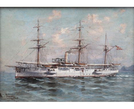 Ildefonso Sanz Doménech (1863 - 1937) Ship portrait of the  Spanish cruiser 'Don Antonio de Uloa', sunk in action during the 