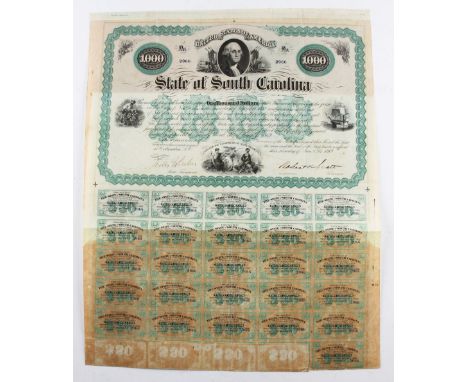 State Of South Carolina - 6% Loan. Bearer Bond for $1,000 1869 - Fine detailed printing with four vignettes; George Washingto