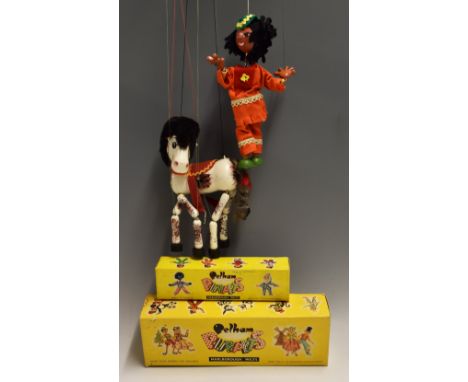 1960s Pelham Puppet 'Horse' with red saddle, grey tail with red ribbon, in white plus 'Indian Girl' Pelham Puppet both come w