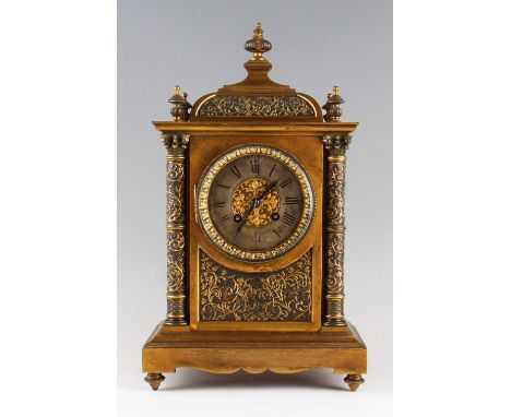 'Japy Freres Cie Med D Honneur' Brass Mantle Clock column support ends, ornate design, with 5x finials to top, twin barrel, 3