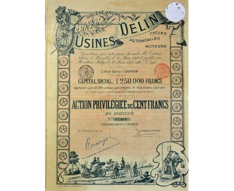 Very Early Automobile & Bicycle Manufacturer Bearer Certificate - S.A.Usine Delin, Cycles, Automobile, Moteurs. Bearer Certif