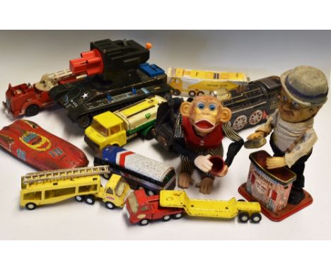 Mixed Quantity of Assorted Toys including Japanese Modern Toys tinplate tank, clockwork fire truck, Tonka tinplate trucks, Cr