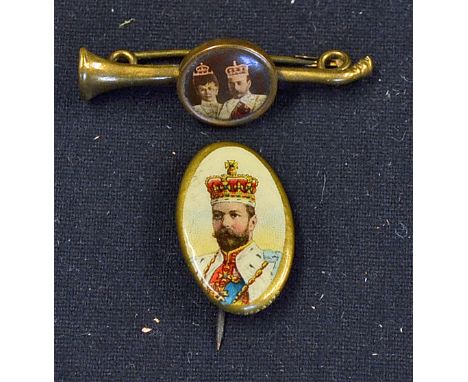 King George V Lapel Pin Badges - depicts King George's portrait on an oval shaped pin backed badge together with another depi