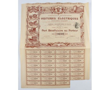'Co. Parisienne Voitures Electriques' (Electric Car Manufacturers) Bearer Preference Share Certificate - for 100 Francs. 1900