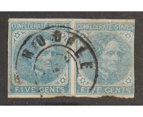 Pair of Confederate 5 cents Stamps used of 1862. With portrait of President Jefferson Davis. Postmarked 'Mobile'