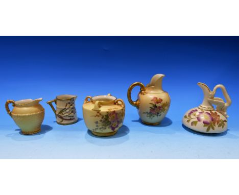 Five late 19th/early 20th century Royal Worcester jugs and vases, 'peach blush'