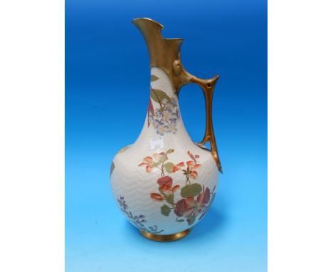 A Royal Worcester ewer with basket effect body and Japanese style polychrome floral decoration