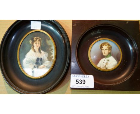 An early/mid-20th century Italian miniature:  half-length portrait of a young officer; a similar miniature of a young lady, i