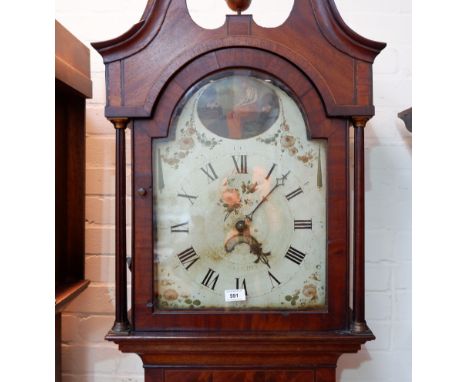 A late 18th century oak longcase clock with extensive mahogany crossbanding, the hood with swan neck pediment and turned colu