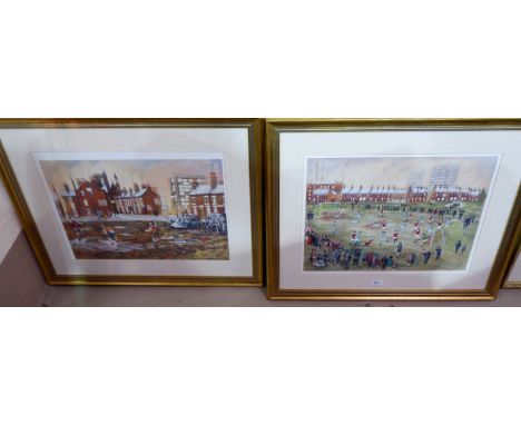 B McMullen, Football match, Northern School, artist signed print and a similar print, 15.5" x 21", framed and glazed; a simil