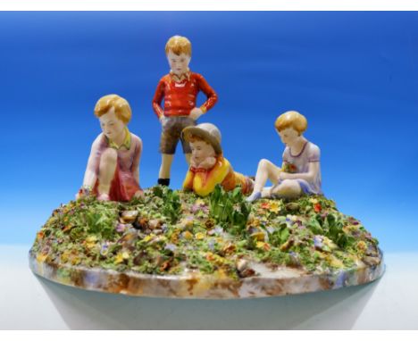 A large mid-20th century style Crown Staffordshire ceramic group depicting 4 children picking flowers, the circular base of n