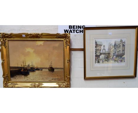 Don Micklethwaite:  Ships in harbour, oil on canvas, signed, 12" x 16", framed; a print of Chester