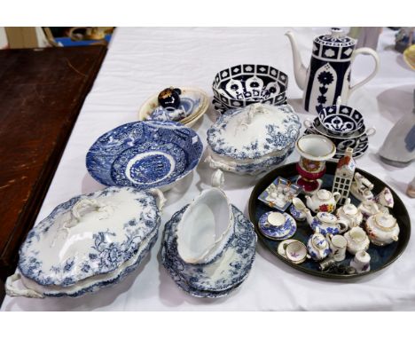A miniature Coalport Willow part tea service, 6 pieces, other miniature china; 2 Victorian blue and white tureens etc