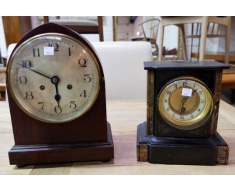 An Edwardian lancet top mantel clock with strike; a 19th century black marble mantel clock
