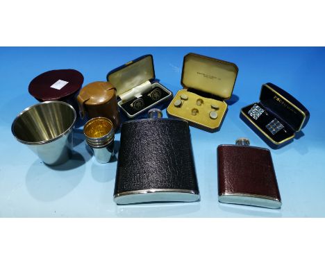 A set of mother-of-pearl cufflinks and studs, cased; 2 cased sets of cufflinks; 2 hip flasks; 2 racing cups