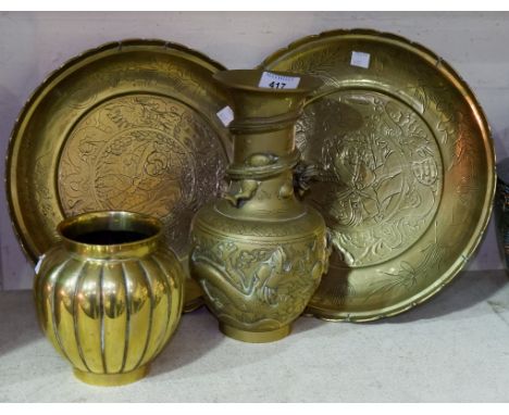 A Chinese brass dragon vase, 10"; another vase, both with seal marks to base; 2 circular wall plates decorated with warriors