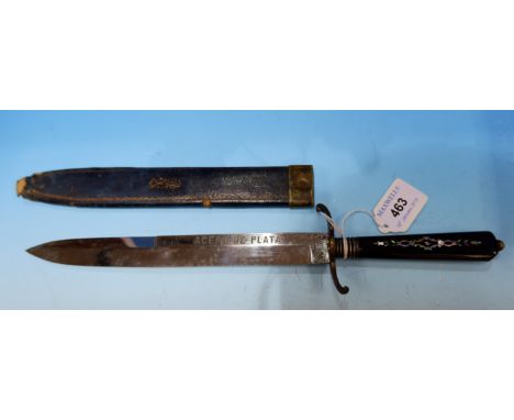 An early 20th century knife, the blade engraved 'Acero de Plata', the handle inlaid mother-of-pearl, 14" overall
