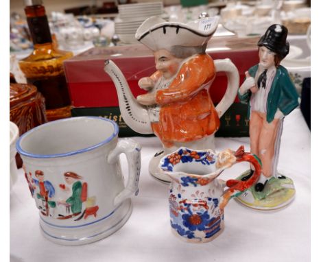 A Staffordshire double sided figure:  'Gin' &amp; 'Water'; a 19th century frog mug; a Toby jug teapot (a.f.); a Mason's small