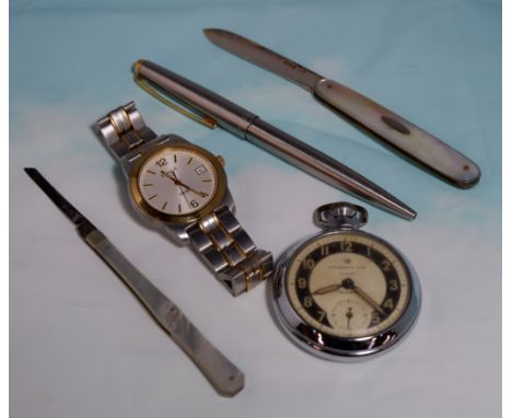 A gent's Tissot 1853 PR50 stainless steel wristwatch; a Parker stainless steel ballpoint pen; a silver and mother-of-pearl pe