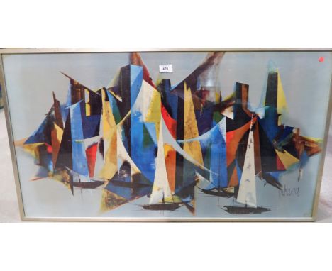A 1970's colour print, signed 'Huberger', 21" x 38", framed