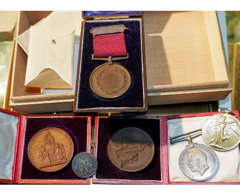 A WWI pair of medals to 324061 SPR C.F. BROWN R.E.; a British Army Eucharist badge; a Fire Brigades medal; 2 school medals