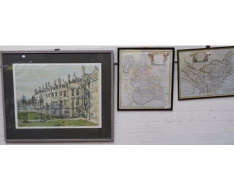 Robert Morden:  18th century hand coloured maps of Cheshire &amp; Lancashire, framed and glazed; Merton College, limited sign