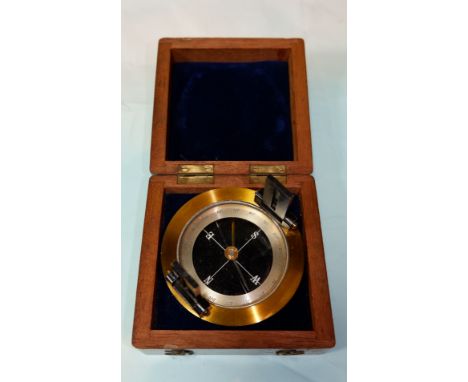 A brass cased sighting compass, 2" dial, mahogany box, c 1920
