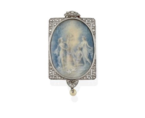 A French Belle Epoque Diamond and Pearl Miniature Brooch/Pendant, circa 1900, the rectangular motif with an oval painted plaq