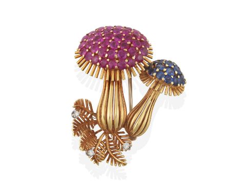 A Ruby, Sapphire and Diamond Brooch, realistically modelled as a mushroom motif, two clusters one formed of round cut sapphir