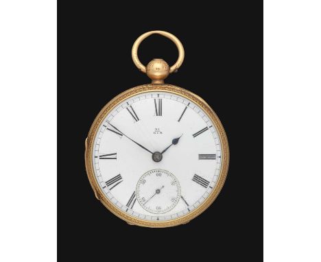 An 18 Carat Gold Open Faced Pocket Watch, 1878, single fusee lever movement numbered 91618, dust cover, enamel dial with Roma