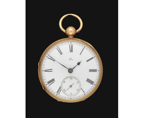 An 18 Carat Gold Open Faced Pocket Watch, 1878, single fusee lever movement numbered 91618, dust cover, enamel dial with Roma