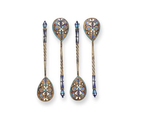 A Set of Four Russian Silver and Enamel Spoons, by Nicholai Zugeryev, Moscow, 1908-1914, the back of each bowl with vari-colo