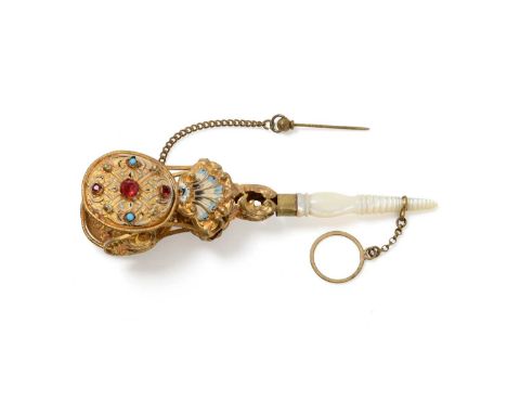 A 'Gem'-Set, Enamel and Mother-of-Pearl Gilt-Metal Posy-Holder, the mounts stamped with foliage scrolls, with turned mother-o