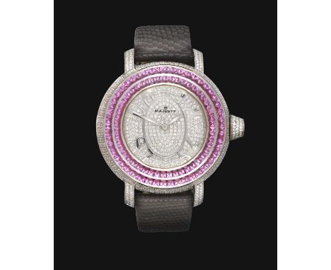 An 18 Carat White Gold Diamond and Pink Sapphire Set Wristwatch, signed Majesty, model: Tasha, circa 2010, quartz movement, p