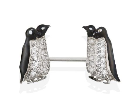 A Diamond and Enamel Penguin Brooch, four penguins on a bar pin, each enamelled in black and white and pavé set with round br