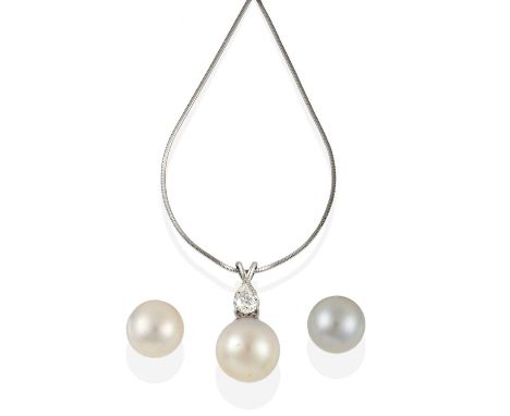 A Diamond and Cultured Pearl Pendant on Chain, a pear shaped diamond in white claw setting surmounts a cultured pearl, suspen