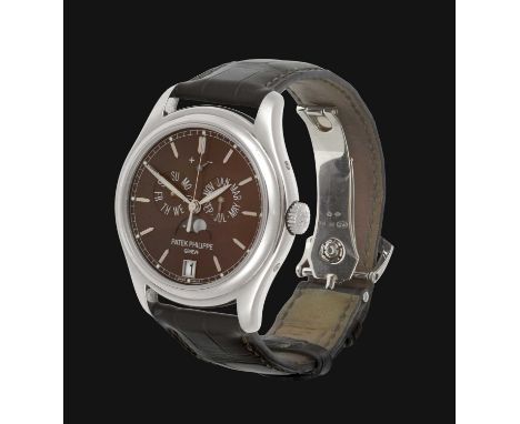 A Fine Platinum Annual Calendar Automatic Centre Seconds Moonphase Power Reserve Wristwatch, signed Patek Philippe, Geneve, m