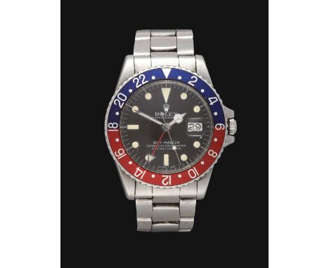 A Rare Stainless Steel Automatic Calendar Centre Seconds Dual Time Zone "Pepsi" Bezel Wristwatch, signed Rolex, Oyster Perpet