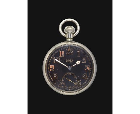 An Open Faced Military Pocket Watch, signed Rolex, circa 1940, (calibre 540) lever movement signed, black dial with gilt colo