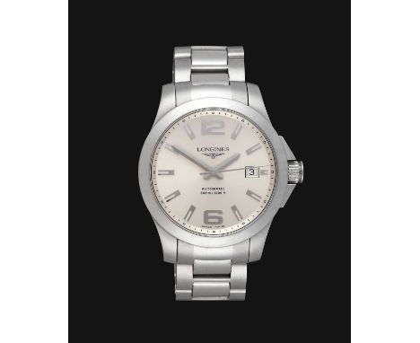 A Stainless Steel Automatic Calendar Centre Seconds Wristwatch, signed Longines, 300m/1000ft, model: Conquest, ref: L3.676.4.