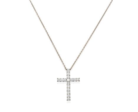 An 18 Carat White Gold Diamond Cross Pendant on Chain, the cross motif set throughout with round brilliant cut diamonds, in c