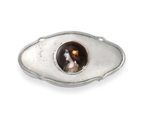 An Edward VII Silver and Enamel Box, by Cohen and Charles, Chester, 1906, shaped oval, the hinged cover set with a circular e