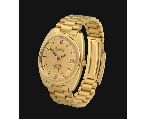 A Rare 18 Carat Gold Electronic Calendar Centre Seconds Wristwatch, signed Omega, Chronometer F300Hz, model: Constellation, r